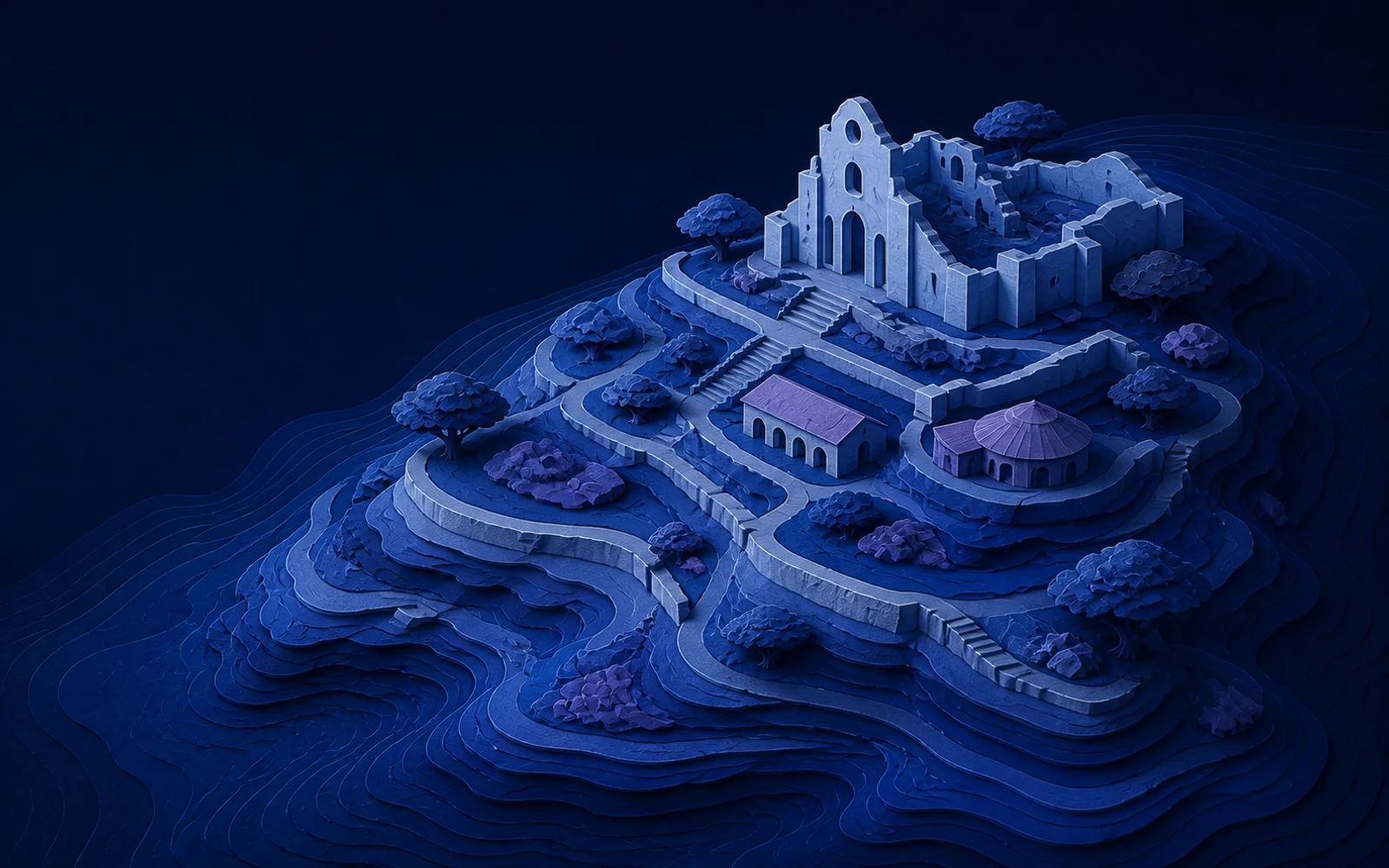 Layered midnight-blue terrain holds the historic church ruins and town plateau of Mbanza Kongo.