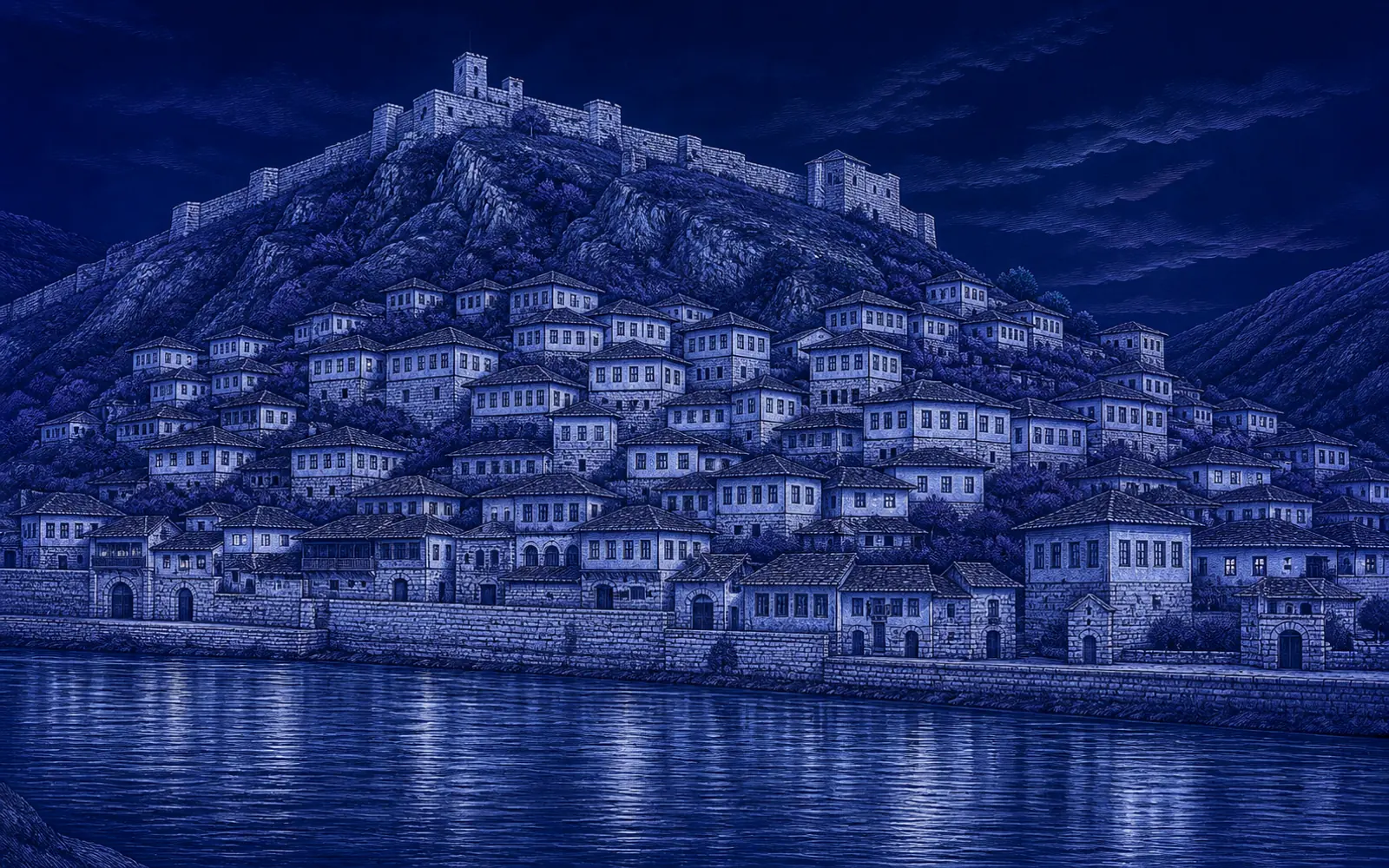 Layered cobalt relief climbs from the river through Berat's close-set houses to its hilltop castle.
