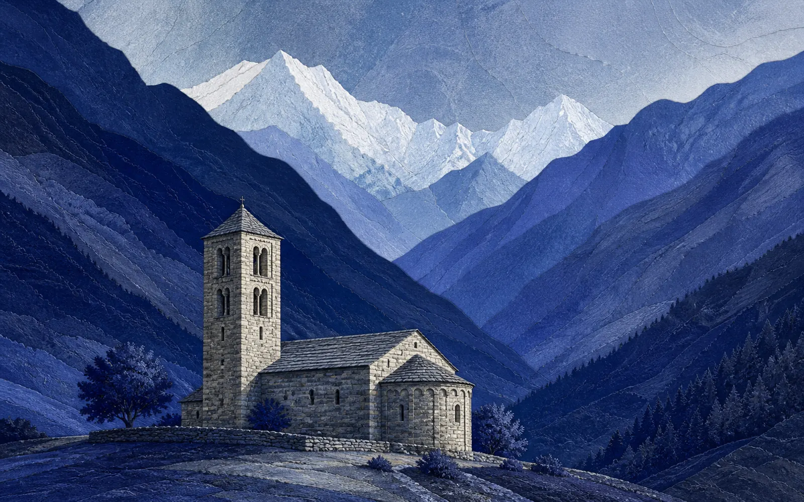 Midnight-blue mountain contours surround the stone church and bell tower of Sant Joan de Caselles.