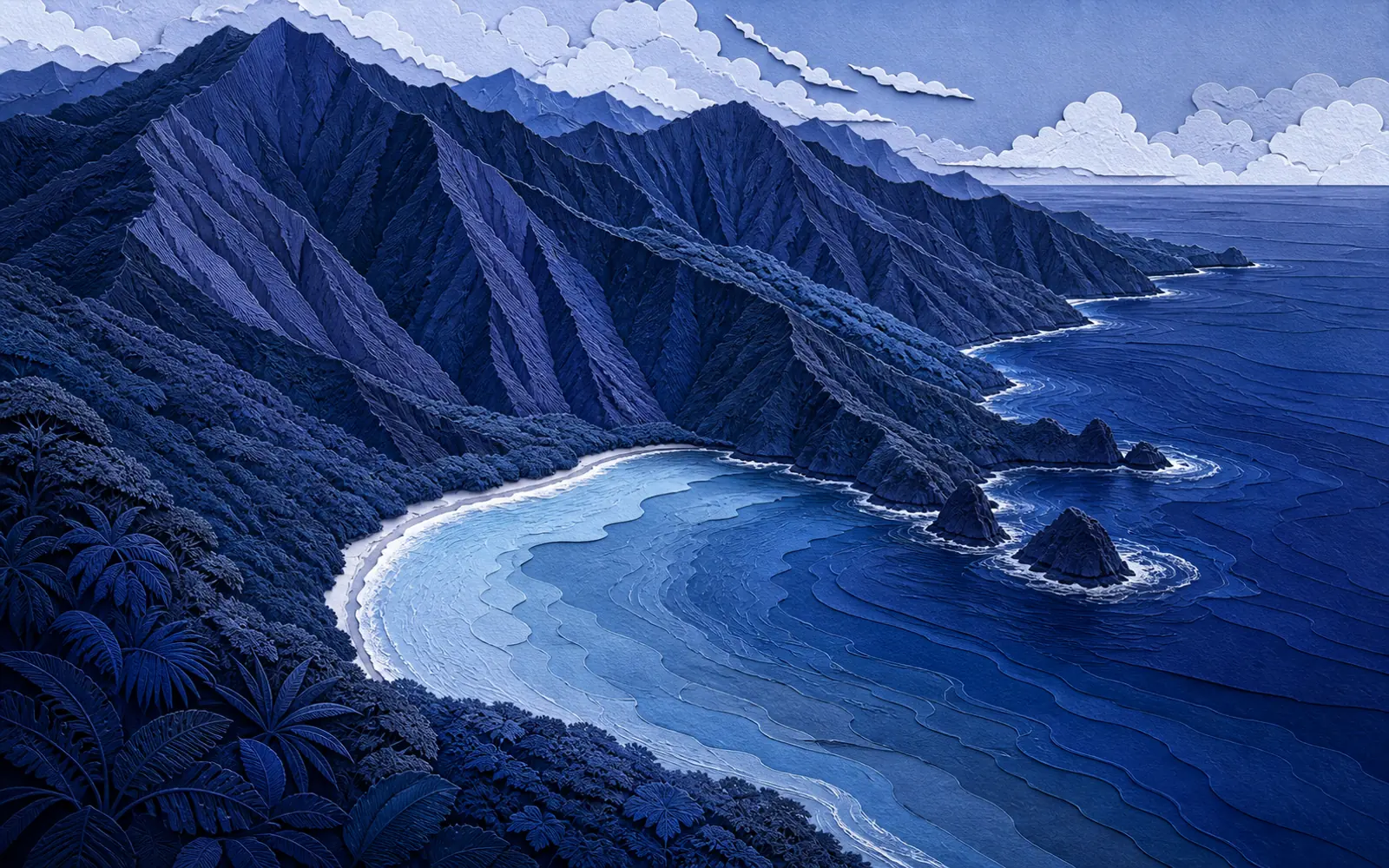Nested midnight-blue ridges descend sharply to bays and reef contours along Tutuila's volcanic coast.