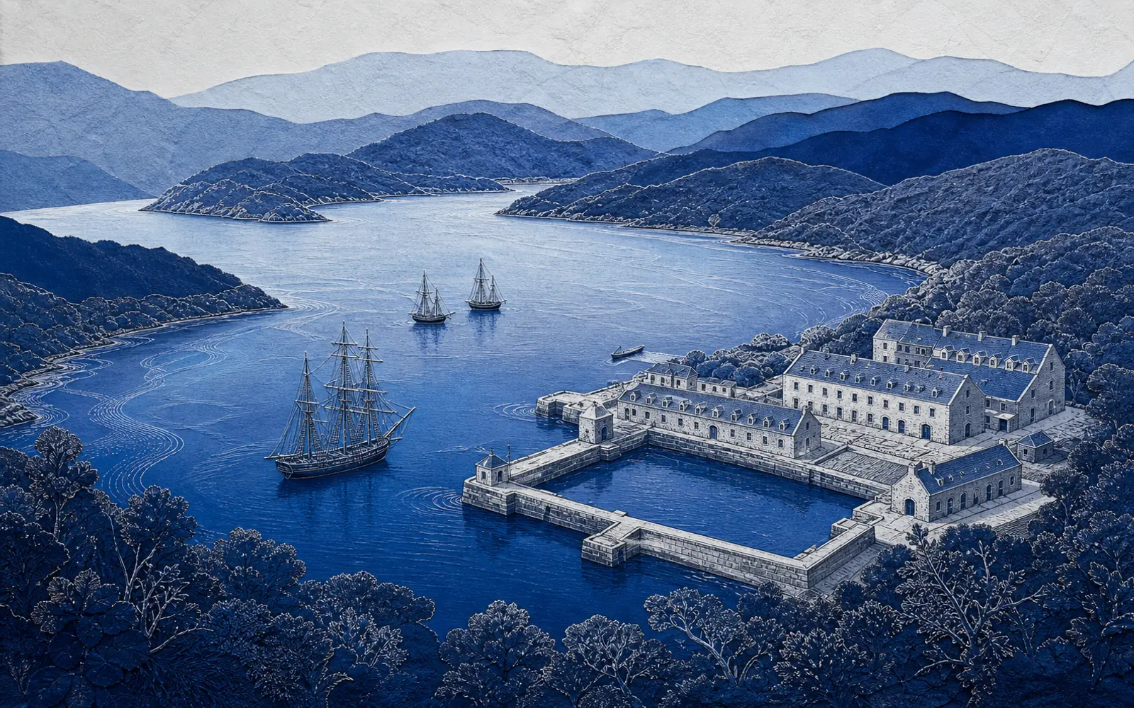 Layered navy relief encloses the historic dockyard buildings and sheltered curves of English Harbour.