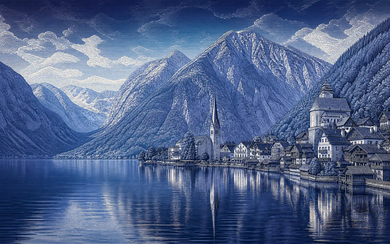Midnight-blue mountain layers surround Hallstatt's lakeside houses and narrow church tower.