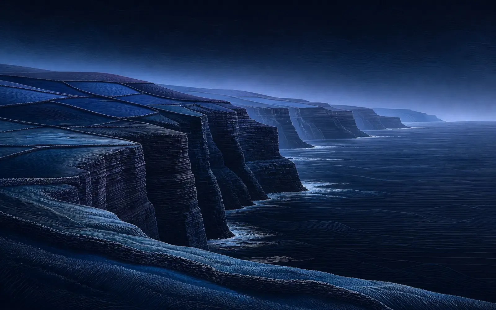 Spectra illustration of Ireland's Atlantic cliffs and coastal fields.