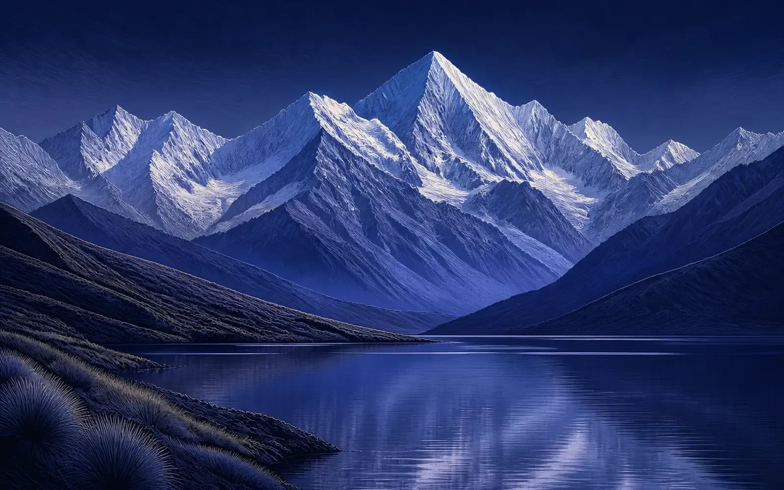 Spectra illustration of New Zealand's Southern Alps and a glacial lake.