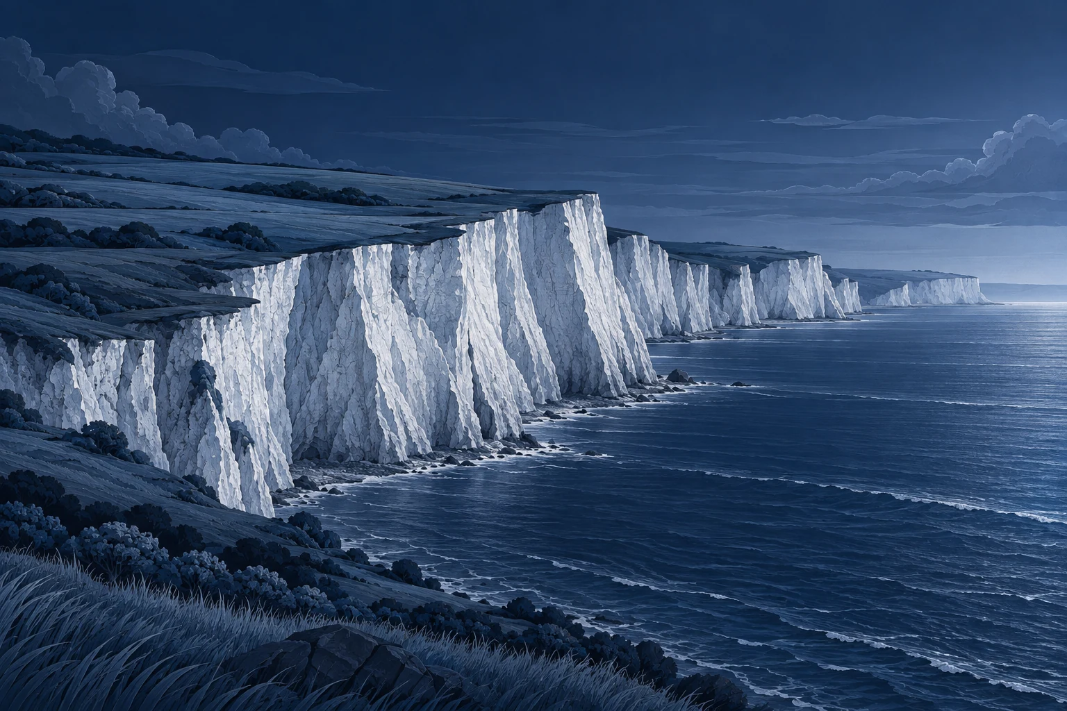 Blue layered illustration of the White Cliffs of Dover above the English Channel.